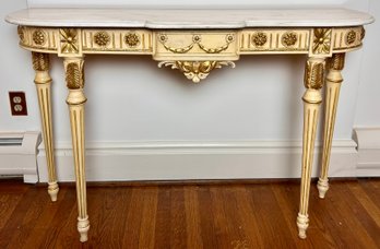 Vintage Neoclassical Style Cream & Gold Console Table With Marble Top