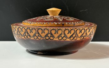 Vintage Polish Hand-carved Round Wooden Box Floral Lid