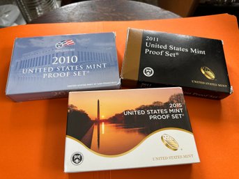 U S Mint 2010, 2011 & 2015 Proof Sets In Original Packaging & COA's