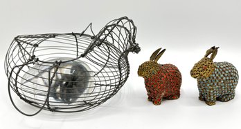 2 Vintage Indian Rabbit Figurines With Coral & Turquoise Beads  & Wire Duck With Glass Egg