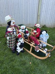 Beautiful Wooden Sled With Snowmen & Women & Moose