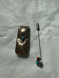 Turquoise Money Clip And Stick Pin By Navajo