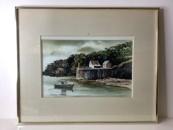 Signed 'JA Neff' Art Scene Of Boat In Water & Houses On Shore