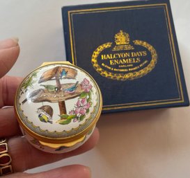 Halcyon Days Enamel Trinket Box With Birds At A Feeder