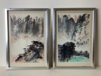 Pair Of Traditional Chinese Ink & Watercolor Landscape Paintings