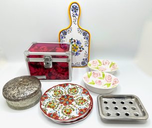 Le Cadeaux Melamine Cheese Board, 4 Melamine Plates, 2 Rose Dishes, Potpourri Box, Covered Candle & More