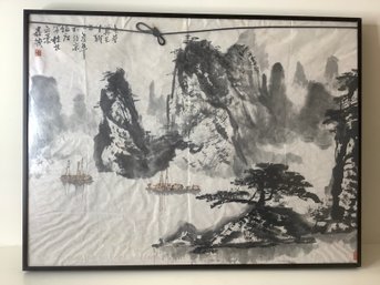 Framed Traditional Chinese Ink Wash Painting Of A Mountainous Landscape