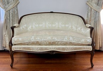 French Louis XV Style Carved Wood Settee With Floral Upholstery