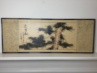 Large Traditional Chinese Ink Hanging Scroll Painting 'Pine Tree & Reishi'