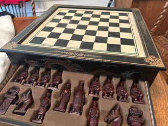 Chinese Chess (Xiangqi) And Checkers Gameboard Set,  Beautiful Wood Box  With Two Drawers Holding Pcs.