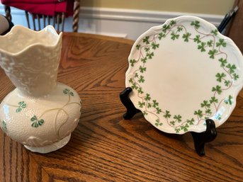 6' Beleek Vase And Small Shannon Plate With Holder By Godinger