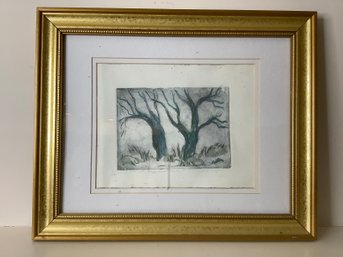 Pencil Signed Art With Teal Trees Scene
