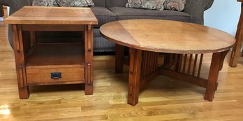 Bassett Mission Style Oak Round Coffee Table & End Table Set