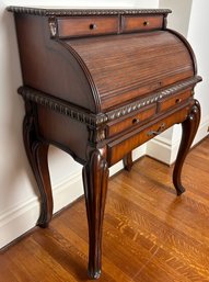 Traditional Dark Wood Roll Top Secretary Desk With Ornate Carved Molding