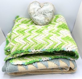 2 Vintage Hand Crocheted Blankets & Vintage Heart Shaped Pillow