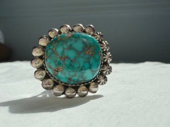 Silver Turquoise Flower Ring Starburst Native American Southwestern