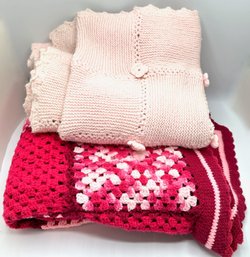 Vintage Pink Granny Square Hand Crocheted Blanket & Hand Made Pink Rosette Blanket