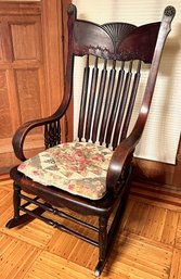 Antique Victorian Solid Oak Press Back Rocking Chair With Brass Details & Quilted Cushion