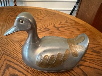 Heavy Pewter Duck Box Trimmed In Brass