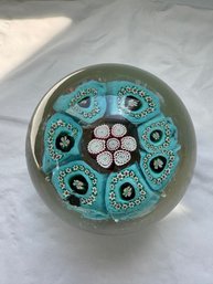 Italian Murano Millefiori Art Glass Paperweight Baby Blue W/ White Flowers