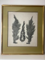 Framed Vintage Thai Temple Rubbing Featuring Traditional Dancers