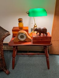 MAPLE SIDE TABLE, BANKERS LAMP, BOXES ETC.