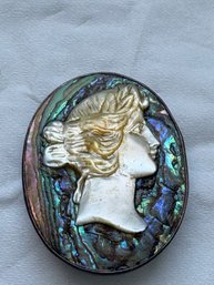 Vintage Sterling Silver Cameo Pin Brooch Featuring A Carved Mother Of Pearl Figure Set Against An Abalone Shel
