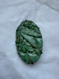 Chinese Carved Jadeite Plaque Brooch Set In Sterling Silver