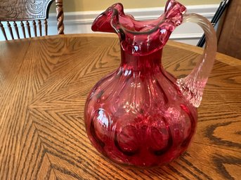 Fenton Coin Dot Optic Ruffled Pitcher With Clear Applied Handle Excellent Condition