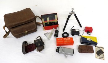 A Mid-century Leather Camera Bag With German Balda Camera And Various German/Japanese Accessories