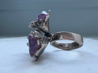 Vintage Brutalist Sterling Silver Ring Featuring Multiple Amethyst