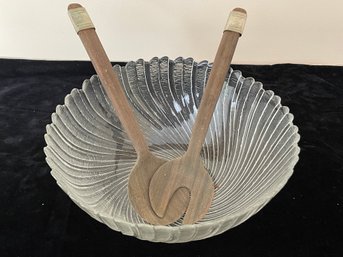 Crystal Swirl Salad Bowl With Wood Tongs