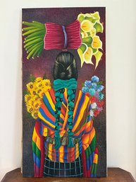 Colorful Painting Of A Guatemalan Woman Carrying Flowers, Signed