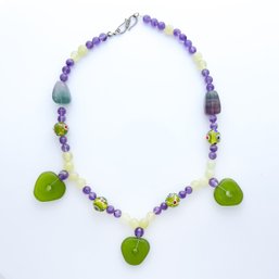 Green And Purple Gemstone And Beaded Necklace