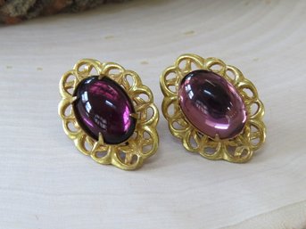 Lacy Edge Gold Tone Purple Glass Post Earrings