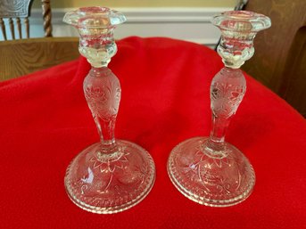 Beautiful Pair Of Indiana Glass Tiara Clear Sandwich Glass Candlesticks