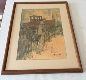 Framed, Signed Artwork Depicting A Boat On A Grassy Shore. By Coombs
