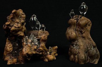 Vintage Mixed Media Wood Glass Sculpture Pair