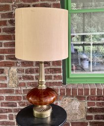 Mid Century Hollywood Regency Amber Glass And Brass Tall Lamp