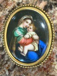 Gorgeous Vintage Madonna & Child Porcelain Portrait Brooch, Beaded Gilt Frame