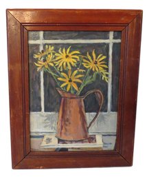 Framed Oil On Board Still Life Of Daisies In An Old Copper Pitcher