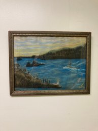 Vintage/antique Painting Of Boat On Ocean Signed , Framed Behind Glass