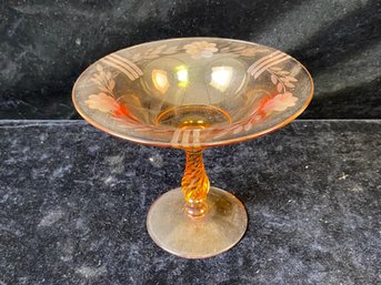 Vintage Rose Gold Etched Glass Compote Glass