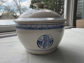 Mid Century Vintage Chinese Crane Rice Serving Dish, Circa 1950's - Blue And White Lidded Ceramic Dish