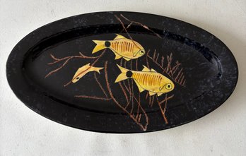 Decorative Black Lacquered Serving Tray Or Platter Featuring A Hand-painted Fish