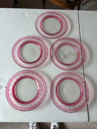Set Of 5 Vintage Hazel Atlas 'Pink Crinoline' Or 'Ripple Pink' Milk Glass Plate Couple Small Nicks/cracks