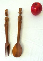 Pair Of African Male And Female Carved Effigy Salad Fork - Spoon Set