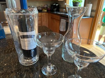 Barware Lot With Wine Chiller, 2 Margarita Glasses And Wine Decanter