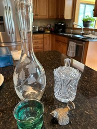 4 Pc. Wine Decanter, Lidded Bowl, Brass Bottle Opener