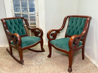Stunning Antique Green Upholstered Tufted Back Chairs